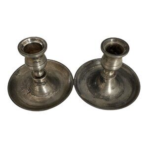 Vintage MCM Made in England Solid Brass Candle Holders Silver Tone Pair 3.5 Inch